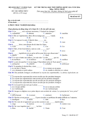 Đề thi THPT quốc gia năm 2016 môn Tiếng Pháp - Mã đề 527 (Kèm đáp án)