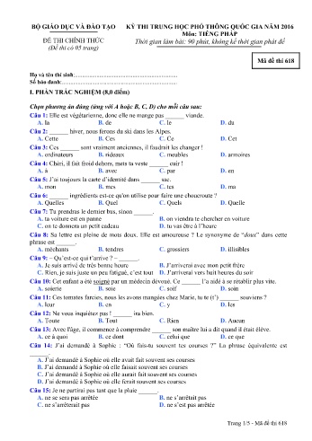 Đề thi THPT quốc gia năm 2016 môn Tiếng Pháp - Mã đề 618 (Kèm đáp án)