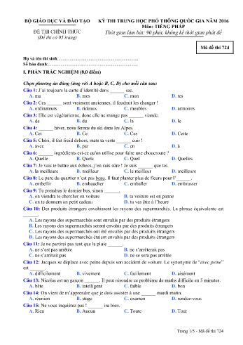 Đề thi THPT quốc gia năm 2016 môn Tiếng Pháp - Mã đề 724 (Kèm đáp án)