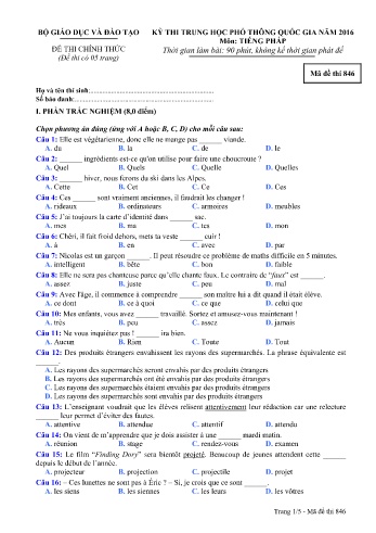 Đề thi THPT quốc gia năm 2016 môn Tiếng Pháp - Mã đề 846 (Kèm đáp án)
