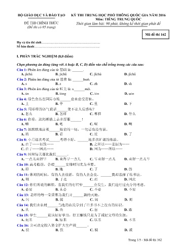 Đề thi THPT quốc gia năm 2016 môn Tiếng Trung quốc - Mã đề 162 (Kèm đáp án)