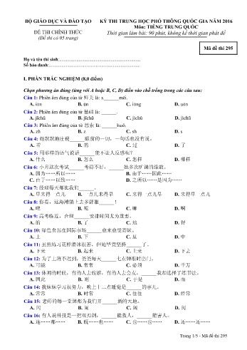 Đề thi THPT quốc gia năm 2016 môn Tiếng Trung quốc - Mã đề 295 (Kèm đáp án)