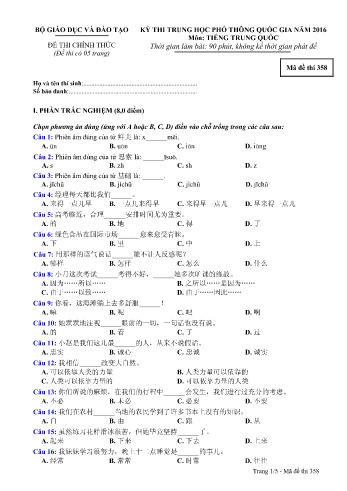 Đề thi THPT quốc gia năm 2016 môn Tiếng Trung quốc - Mã đề 358 (Kèm đáp án)