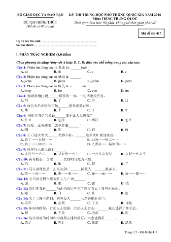 Đề thi THPT quốc gia năm 2016 môn Tiếng Trung quốc - Mã đề 417 (Kèm đáp án)