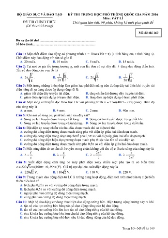 Đề thi THPT quốc gia năm 2016 môn Vật lí - Mã đề 169 (Kèm đáp án)