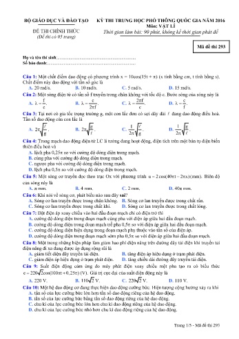 Đề thi THPT quốc gia năm 2016 môn Vật lí - Mã đề 293 (Kèm đáp án)