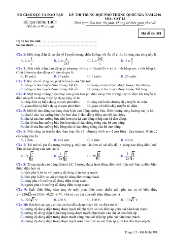 Đề thi THPT quốc gia năm 2016 môn Vật lí - Mã đề 318 (Kèm đáp án)