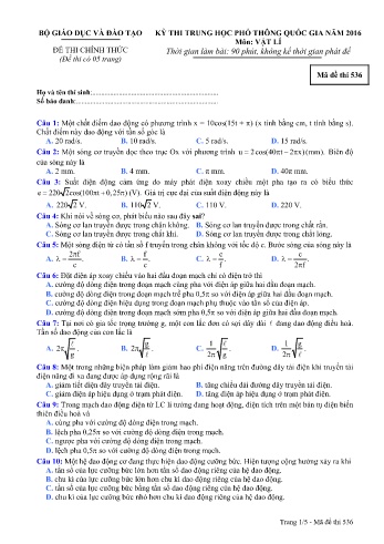 Đề thi THPT quốc gia năm 2016 môn Vật lí - Mã đề 536 (Kèm đáp án)