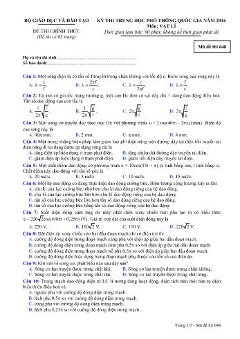 Đề thi THPT quốc gia năm 2016 môn Vật lí - Mã đề 648 (Kèm đáp án)