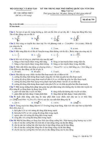 Đề thi THPT quốc gia năm 2016 môn Vật lí - Mã đề 759 (Kèm đáp án)