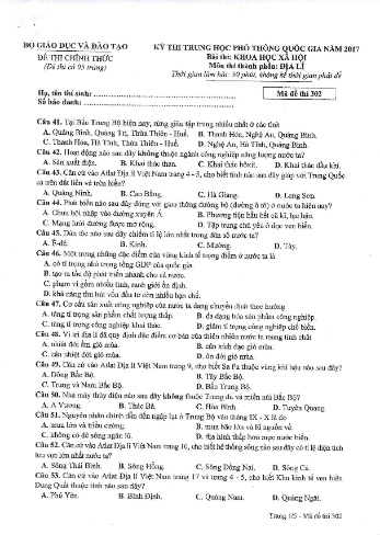 Đề thi THPT quốc gia năm 2017 môn Địa lí - Mã đề 302 (Kèm đáp án)