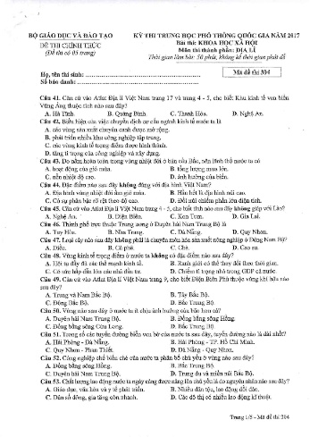 Đề thi THPT quốc gia năm 2017 môn Địa lí - Mã đề 304 (Kèm đáp án)