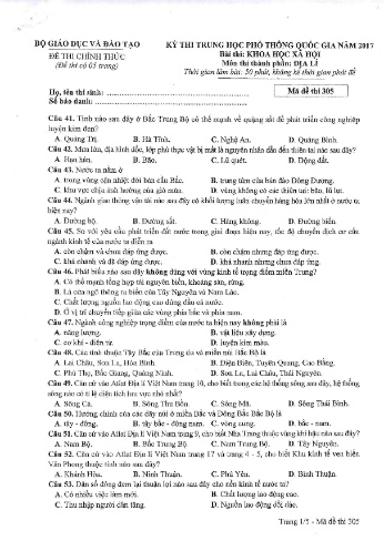 Đề thi THPT quốc gia năm 2017 môn Địa lí - Mã đề 305 (Kèm đáp án)
