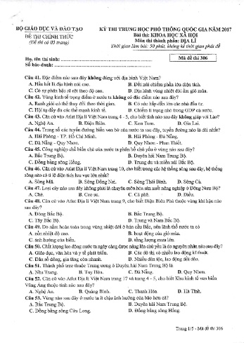 Đề thi THPT quốc gia năm 2017 môn Địa lí - Mã đề 306 (Kèm đáp án)