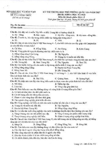 Đề thi THPT quốc gia năm 2017 môn Địa lí - Mã đề 307 (Kèm đáp án)