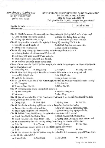Đề thi THPT quốc gia năm 2017 môn Địa lí - Mã đề 308 (Kèm đáp án)