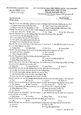 Đề thi THPT quốc gia năm 2017 môn Địa lí - Mã đề 309 (Kèm đáp án)