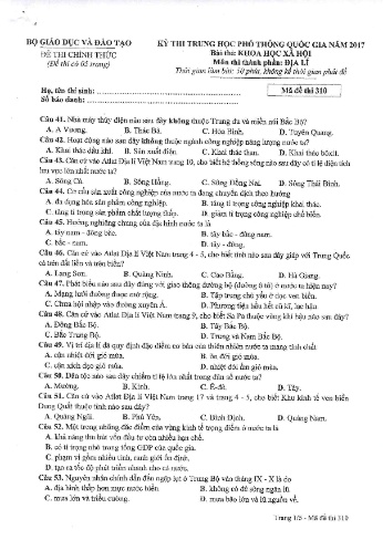 Đề thi THPT quốc gia năm 2017 môn Địa lí - Mã đề 310 (Kèm đáp án)