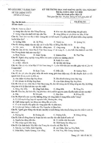 Đề thi THPT quốc gia năm 2017 môn Địa lí - Mã đề 311 (Kèm đáp án)