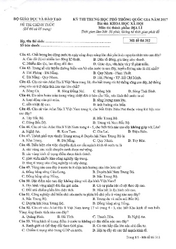 Đề thi THPT quốc gia năm 2017 môn Địa lí - Mã đề 312 (Kèm đáp án)