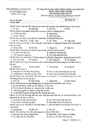 Đề thi THPT quốc gia năm 2017 môn Địa lí - Mã đề 313 (Kèm đáp án)