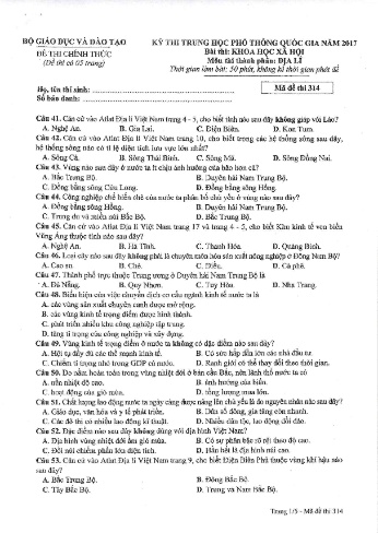 Đề thi THPT quốc gia năm 2017 môn Địa lí - Mã đề 314 (Kèm đáp án)