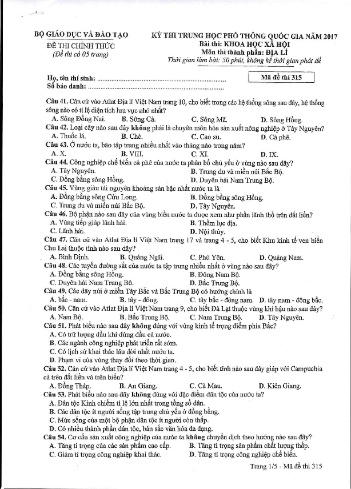 Đề thi THPT quốc gia năm 2017 môn Địa lí - Mã đề 315 (Kèm đáp án)