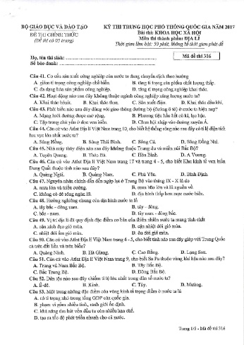 Đề thi THPT quốc gia năm 2017 môn Địa lí - Mã đề 316 (Kèm đáp án)