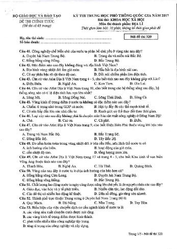 Đề thi THPT quốc gia năm 2017 môn Địa lí - Mã đề 320 (Kèm đáp án)