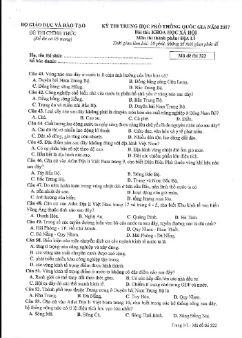 Đề thi THPT quốc gia năm 2017 môn Địa lí - Mã đề 322 (Kèm đáp án)