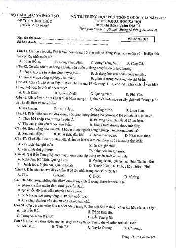 Đề thi THPT quốc gia năm 2017 môn Địa lí - Mã đề 324 (Kèm đáp án)