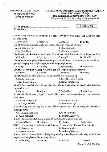 Đề thi THPT quốc gia năm 2017 môn Giáo dục công dân - Mã đề 304 (Kèm đáp án)