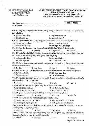 Đề thi THPT quốc gia năm 2017 môn Giáo dục công dân - Mã đề 301 (Kèm đáp án)