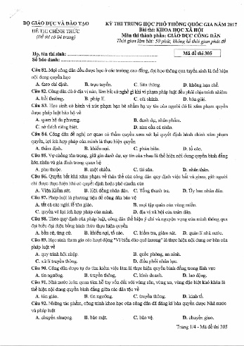 Đề thi THPT quốc gia năm 2017 môn Giáo dục công dân - Mã đề 305 (Kèm đáp án)