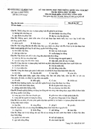 Đề thi THPT quốc gia năm 2017 môn Giáo dục công dân - Mã đề 307 (Kèm đáp án)