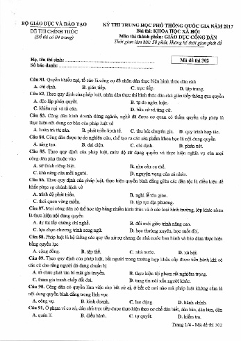 Đề thi THPT quốc gia năm 2017 môn Giáo dục công dân - Mã đề 302 (Kèm đáp án)