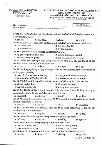 Đề thi THPT quốc gia năm 2017 môn Giáo dục công dân - Mã đề 309 (Kèm đáp án)