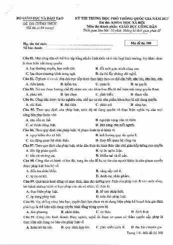Đề thi THPT quốc gia năm 2017 môn Giáo dục công dân - Mã đề 308 (Kèm đáp án)