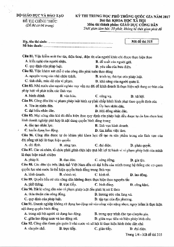 Đề thi THPT quốc gia năm 2017 môn Giáo dục công dân - Mã đề 315 (Kèm đáp án)