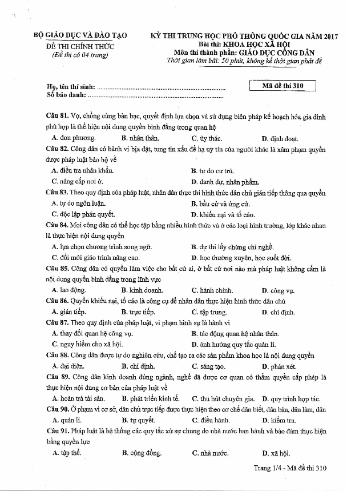 Đề thi THPT quốc gia năm 2017 môn Giáo dục công dân - Mã đề 310 (Kèm đáp án)