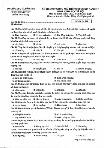 Đề thi THPT quốc gia năm 2017 môn Giáo dục công dân - Mã đề 319 (Kèm đáp án)