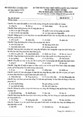 Đề thi THPT quốc gia năm 2017 môn Giáo dục công dân - Mã đề 311 (Kèm đáp án)