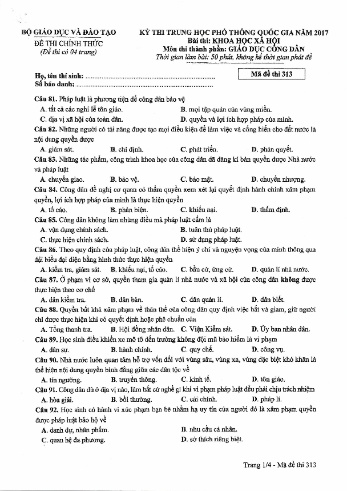 Đề thi THPT quốc gia năm 2017 môn Giáo dục công dân - Mã đề 313 (Kèm đáp án)