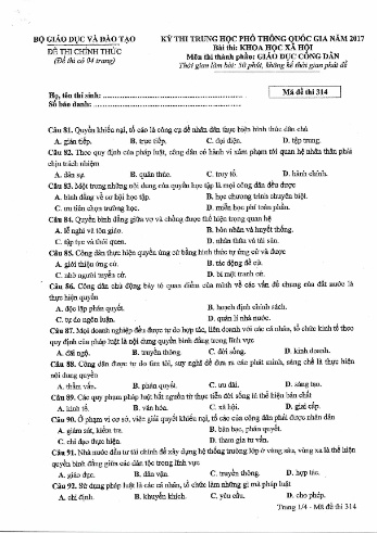 Đề thi THPT quốc gia năm 2017 môn Giáo dục công dân - Mã đề 314 (Kèm đáp án)