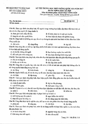 Đề thi THPT quốc gia năm 2017 môn Giáo dục công dân - Mã đề 318 (Kèm đáp án)