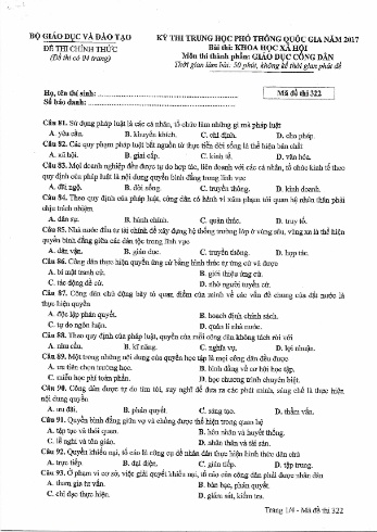 Đề thi THPT quốc gia năm 2017 môn Giáo dục công dân - Mã đề 322 (Kèm đáp án)