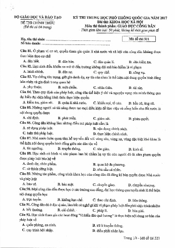 Đề thi THPT quốc gia năm 2017 môn Giáo dục công dân - Mã đề 321 (Kèm đáp án)