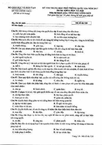 Đề thi THPT quốc gia năm 2017 môn Giáo dục công dân - Mã đề 320 (Kèm đáp án)