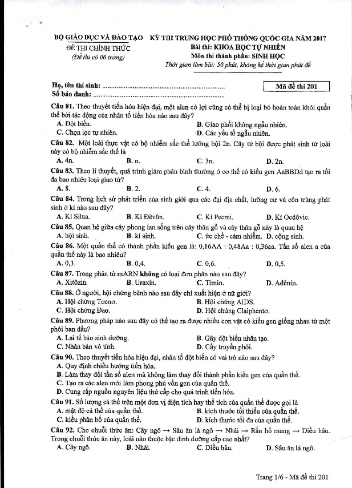 Đề thi THPT quốc gia năm 2017 môn Sinh học - Mã đề 201 (Kèm đáp án)