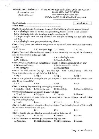 Đề thi THPT quốc gia năm 2017 môn Sinh học - Mã đề 202 (Kèm đáp án)